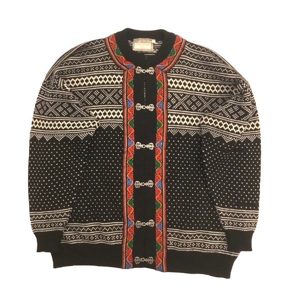 Norlaender - VTG Black/Cream Nordic Style Wool Cardigan Jacket  Sz L Wom… - Picture 12 of 12